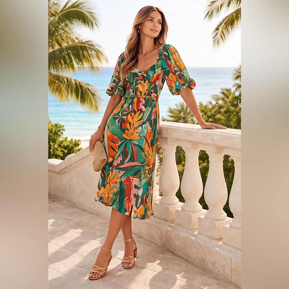 Farm Rio Banana Foliage Midi Dress Puff Sleeve NWT Sz S